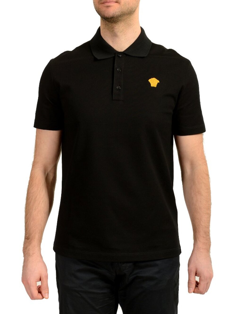 Versace Men's Gold Logo Embroidery Black Short Sleeve Polo Shirt US 2XL IT 56